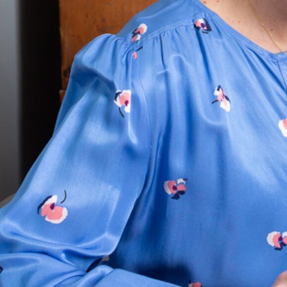 See By Chloe Floral Satin Twill Tie Shirt Dress Blue Parisian US Sz 8 - Picture 5 of 13